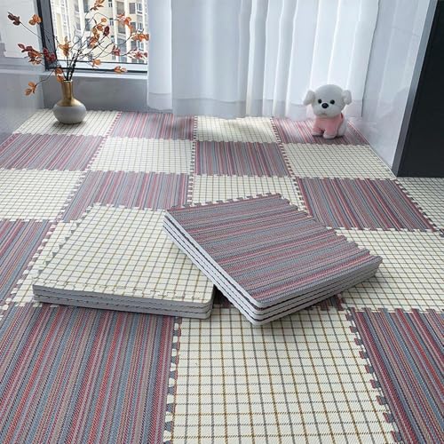 Weicher Bequemer Teppich, Waschbarer Ineinandergreifender Schallschutzteppich, Jederzeit Entfernbar, für Schlafzimmer, Wohnzimmer(Red Blue Stripes+beige Plaid,10p) von AHTCPO