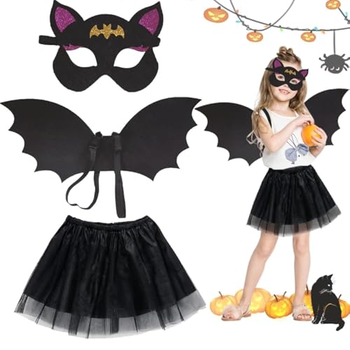 AHYDFSR Halloween Fledermaus Kostüm Mädchen, Fledermausflügel-Kostüm für Kinder, Fledermausflügel Tutu mit Halloween Cosplay Maske, für Halloween Cosplay Party Karneval Fasching Maskerade, Schwarze von AHYDFSR