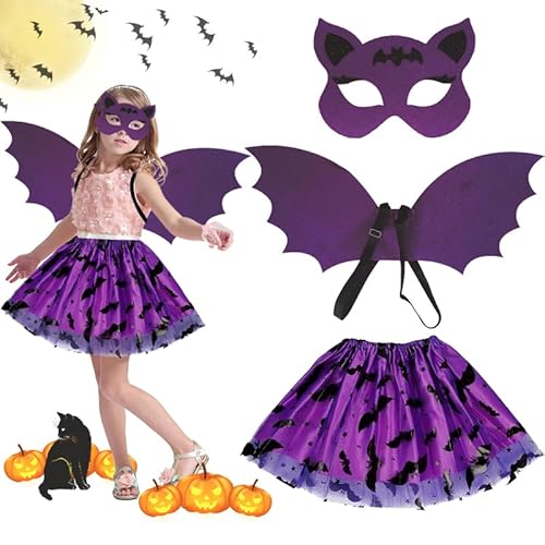 Halloween Fledermaus Kostüm Mädchen,Fledermausflügel-Kostüm für Kinder mit Halloween Maske,Kinderanzug Kleidung，Fledermaus Cosplay Kostüm,für Halloween Cosplay Party Karneval Fasching Maskerade, Lila von AHYDFSR