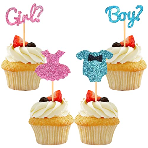 AIBAOBAO 24 Stück gender reveal, Jungen oder Mädchen Cupcake Toppers Glitter Onesie Jumpsuit Cupcake Picks Babyparty, Geschlecht Offenbarung Party Kuchen Dekorationen Baby Shower Zubehör, verkünden von AIBAOBAO