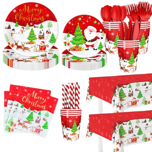 AIBIIN 194pcs Weihnachten Pappteller und Servietten Merry Christmas Party Dekorationen Teller Tasse Servietten Besteck Tischdecke Weihnachten Einweggeschirr Geburtstag Party Supplies Serve 24 Gäste von AIBIIN