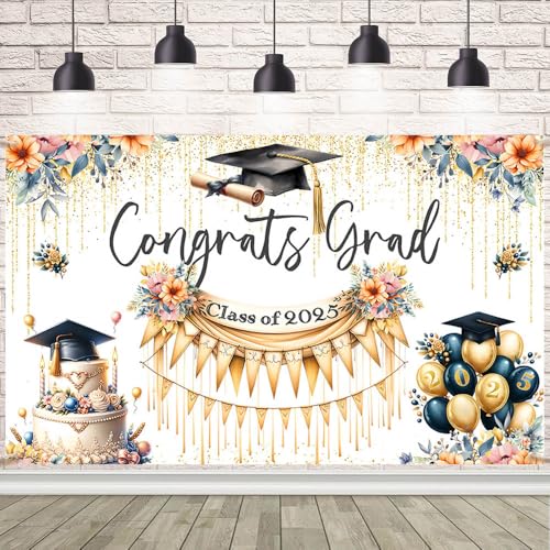 AIBIIN 2.1x1.5 m 2025 Congrats Grad Hintergrund Gold Glitzer Luftballons Floral Class of 2025 Congratulations Graduation Party Dekorationen Hintergrund für Fotografie Abschlussball Party Supplies von AIBIIN