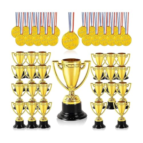 AIDIRui 20 Stück Mini-Trophäen und 20 Stück Medaillen, Auszeichnungen, Siegermedaillen für Kinder und Erwachsene – Perfekt für Partygeschenke, Langlebig, Einfach zu Verwenden, Gold + Schwarz von AIDIRui