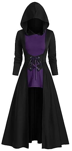 AIEOE Damenkleid, Steampunk, Vintage-Kleid, Renaissance-Kleid, Halloween, Cosplay, Partykleid, Gothic-Kleid mit Kapuze, langärmelig, mittelalterliche Kleider, M-3XL, A-purple, 50 von AIEOE