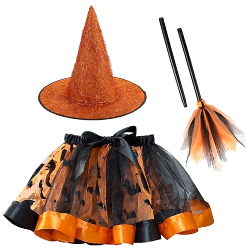 AIEOE Hexe Kostüm Kinder Hexenkostüm Mädchen Tüllrock Tütü Rock Bunt mit Besen Zubehör Hexenhut Karneval Kostüm Faschingkostüm Für Party S Orange von AIEOE