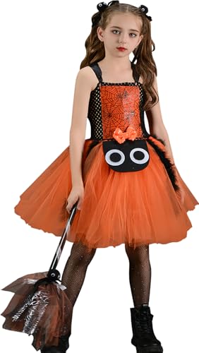 AIEOE Hexenkostüm Mädchen Bekleidung Mottoparty Karneval Kostüme für Kinder Spinnen Kostüm Set 3 Teilig mit Süssigkeiten Besen Leuchtende und Haarbänder Orange Hexenkostüm 2XL Orange von AIEOE