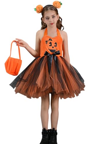 AIEOE Hexenkostüm Mädchen Mottoparty Karneval Kostüme für Kinder Bekleidung Kürbis Kostüm Set 3 Teilig mit Süssigkeiten Beutel Leuchtende und Haarbänder Orange Hexenkostüm M Schwarz-Orange von AIEOE