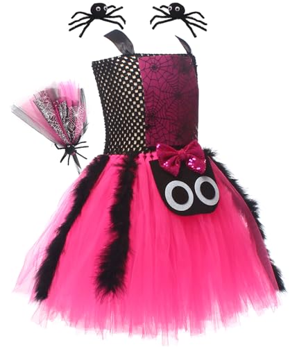 AIEOE Hexenkostüm Mädchen Mottoparty Karneval Kostüme für Kinder Bekleidung Spinnen Kostüm Set 3 Teilig mit Süssigkeiten Besen Leuchtende und Haarbänder Orange Hexenkostüm M Rot von AIEOE