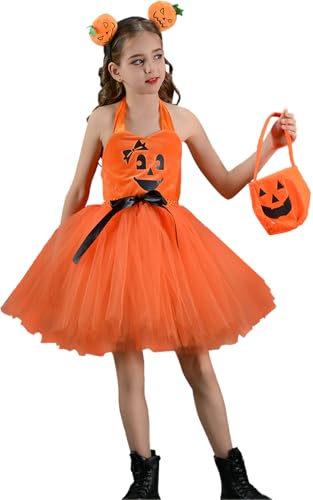 AIEOE Karneval Kostüme für Kinder Hexenkostüm Mädchen Bekleidung Mottoparty Kürbis Kostüm Set 3 Teilig mit Süssigkeiten Beutel Leuchtende und Haarbänder Orange Hexenkostüm S Orange von AIEOE