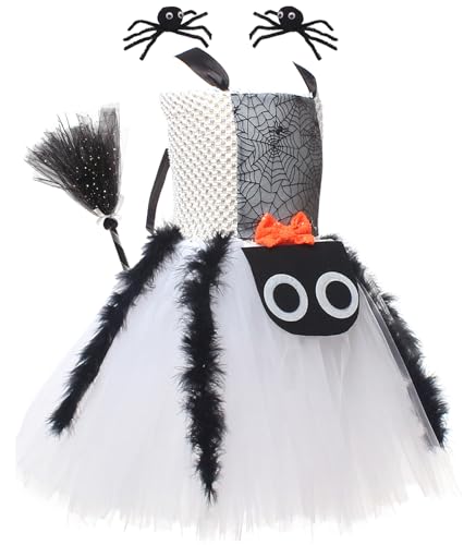 AIEOE Spinnen Kostüme für Kinder Hexenkostüm Mädchen Bekleidung Mottoparty Kostüm Set 3 Teilig mit Süssigkeiten Besen Leuchtende und Haarbänder Orange Hexenkostüm S Orange Weiß von AIEOE