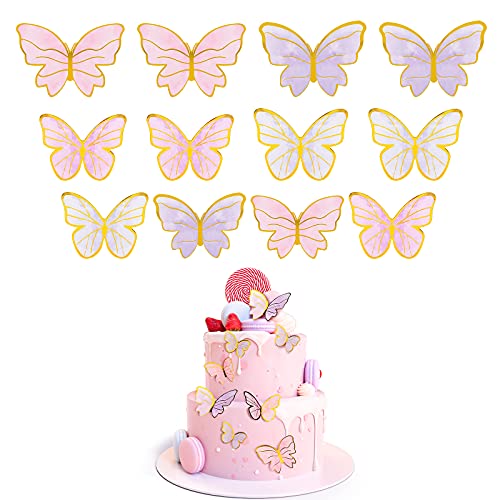 AIEX 42 Stück 3D Schmetterling Kuchendekoration Goldrand Schmetterling Cupcake Topper Schmetterlingsornamente für Geburtstag Hochzeitstorte Ornamente Partydekoration (Rosa und Lila) von AIEX