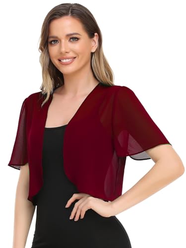 AIGOUT Bolero-Strickjacke für Damen, weicher Chiffon, vorne offen, durchsichtig, kurze Ärmel, bauchfrei, für Abendkleid, Weinrot, Größe S von AIGOUT