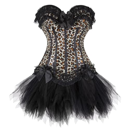 AIGOUT Damen Gothic Korsett Tutu Rock Set - Spitze Schleife Fischgräten Gestreift Bustier Mini Tüllrock Zweiteiliger Gestreiftes Korsett Tutu Anzug für Halloween Steampunk Pirat Cosplay (Leopard, 6XL) AIGOUT Damen Gothic Korsett Tutu Rock Set - Spitze Schleife Fischgräten Gestreift Bustier Mini Tüllrock Zweiteiliger Gestreiftes Korsett Tutu Anzug für Halloween Steampunk Pirat Cosplay (Leopard, 6XL) von AIGOUT