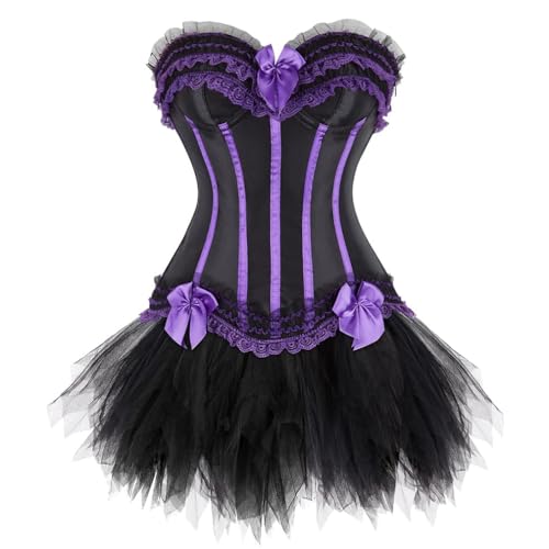 AIGOUT Damen Gothic Korsett Tutu Rock Set - Spitze Schleife Fischgräten Gestreift Bustier Mini Tüllrock Zweiteiliger Gestreiftes Korsett Tutu Anzug für Halloween Steampunk Piraten Cosplay (Lila, 5XL) AIGOUT Damen Gothic Korsett Tutu Rock Set - Spitze Schleife Fischgräten Gestreift Bustier Mini Tüllrock Zweiteiliger Gestreiftes Korsett Tutu Anzug für Halloween Steampunk Piraten Cosplay (Lila, 5XL) von AIGOUT