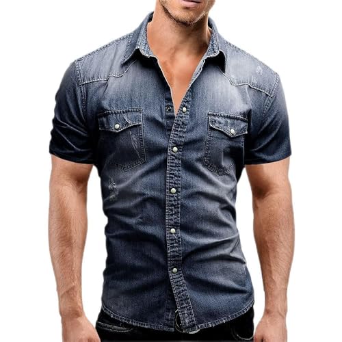 AIGOUT Dünnes Jeanshemd für Herren, kurze Ärmel, weiche Baumwolle, zwei Taschen, schmal, leicht, elastisch, Jeans, Cowboy-Hemd (Dunkelblau, L) von AIGOUT