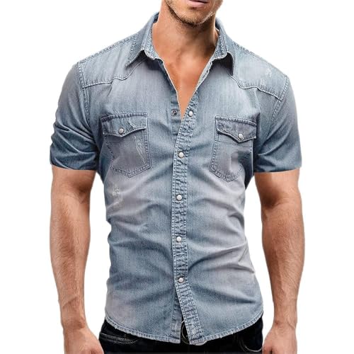 AIGOUT Dünnes Jeanshemd für Herren, kurze Ärmel, weiche Baumwolle, zwei Taschen, schmal, leicht, elastisch, Jeans, Cowboy-Hemd (Hellblau, L) von AIGOUT