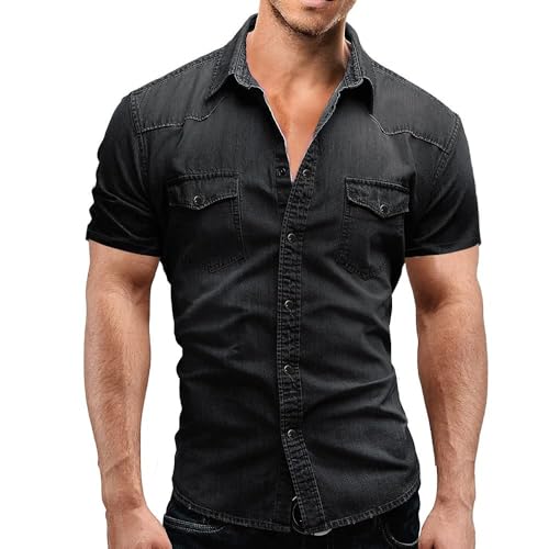 AIGOUT Dünnes Jeanshemd für Herren, kurze Ärmel, weiche Baumwolle, zwei Taschen, schmal, leicht, elastisch, Jeans, Cowboy-Hemd (Schwarz, L) von AIGOUT