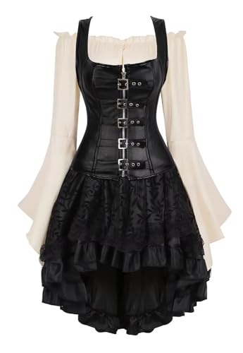 AIGOUT Korsettkleid, 3-teiliges Outfit, Kunstleder, Bustiers, Reißverschluss, Spitzenrock, Weiß, Blusen-Set (3er-Set, 7056, L) von AIGOUT