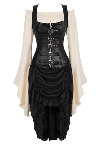 AIGOUT Korsettkleid, 3-teiliges Outfit, Kunstleder, Bustiers, Reißverschluss, Spitzenrock, Weiß, Blusen-Set (3er-Set, 8104, 4XL) von AIGOUT