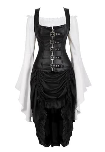 AIGOUT Korsettkleid, 3-teiliges Outfit, Kunstleder, Bustiers, Reißverschluss, Spitzenrock, Weiß, Blusen-Set (8104, 3er-Set, 3XL) von AIGOUT