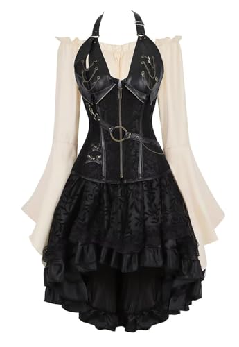 AIGOUT Steampunk Korsettkleid, 3-teiliges Outfit für Damen, Leder-Bustiers, Gothic-Spitze, Piratenrock, Retro, weiße Bluse (3 Setblack, S) von AIGOUT