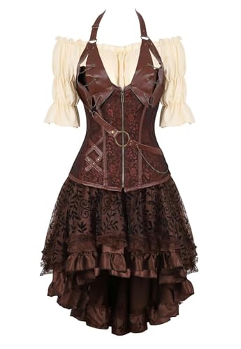 AIGOUT Steampunk-Korsettkleid, 3-teiliges Outfit für Damen, Leder-Bustiers, Gothic-Spitze, Piratenrock, Retro, weiße Bluse (3setbrown6505, 3XL) von AIGOUT