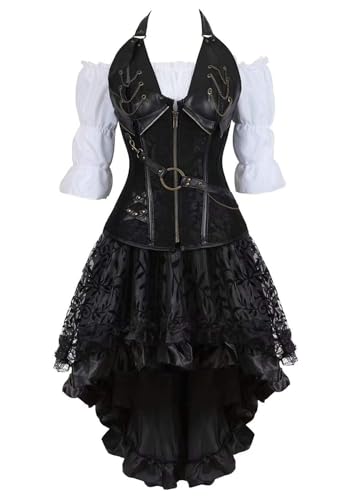 AIGOUT Steampunk Korsettkleid, 3-teiliges Outfit für Damen, Leder-Bustiers, Gothic-Spitze, Piratenrock, Retro, weiße Bluse (8105, 3-teiliges Set, 3XL) von AIGOUT