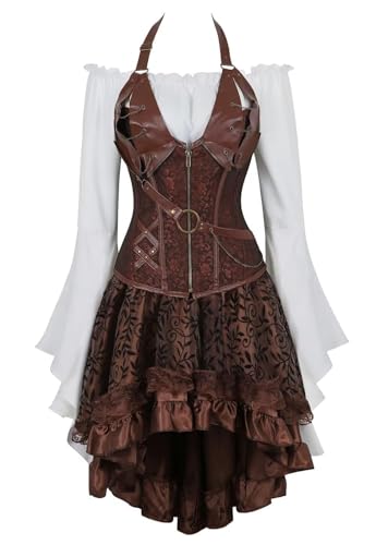 AIGOUT Steampunk Korsettkleid, 3-teiliges Outfit für Damen, Leder-Bustiers, Gothic-Spitze, Piratenrock, Retro, weiße Bluse (Braun, 3 S), Größe S von AIGOUT