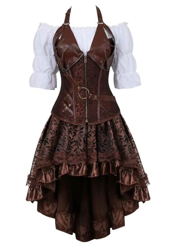 AIGOUT Steampunk Korsettkleid, 3-teiliges Outfit für Damen, Leder-Bustiers, Gothic-Spitze, Piratenrock, Retro, weiße Bluse (Braun, 3-teiliges Set, L) von AIGOUT