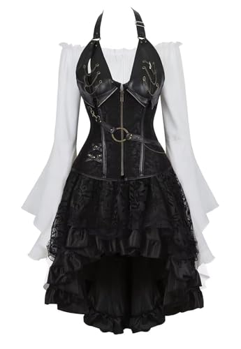 AIGOUT Steampunk Korsettkleid, 3-teiliges Outfit für Damen, Leder-Bustiers, Gothic-Spitze, Piratenrock, Retro, weiße Bluse (Schwarz, 3 S), Größe S von AIGOUT