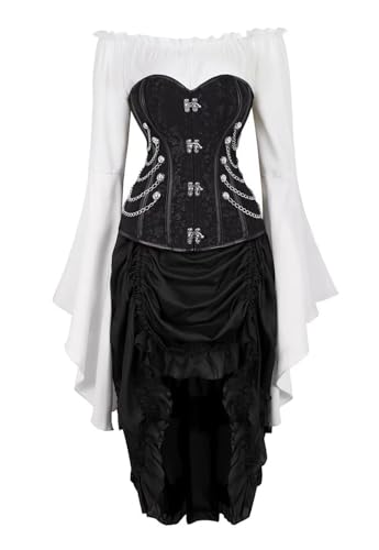 AIGOUT Steampunk Korsettkleid, 3-teiliges Outfit für Damen, Piraten-Bustiers, Rock, weiße Bluse, Set (2837Schwarz, 3er-Set, XXL) von AIGOUT