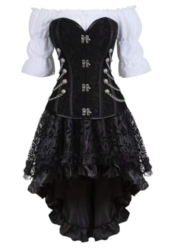 AIGOUT Steampunk Korsettkleid, 3-teiliges Outfit für Damen, Piraten-Bustiers, Rock, weiße Bluse, Set (3-teiliges Set, 3XL) von AIGOUT