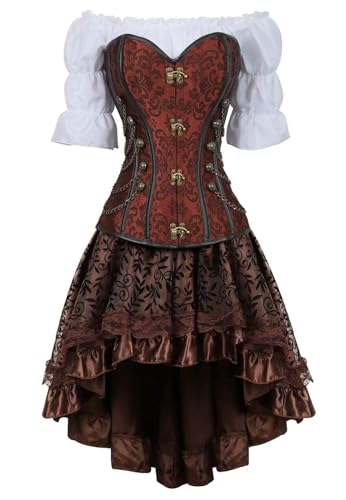 AIGOUT Steampunk Korsettkleid, 3-teiliges Outfit für Damen, Piraten-Bustiers, Rock, weiße Bluse, Set (Braun, 3-teiliges Set, 4XL) von AIGOUT