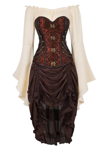 AIGOUT Steampunk-Korsettkleid, 3-teiliges Outfit für Damen, Piraten-Bustiers, Rock, weiße Blusen-Set, Braun 3 Set, Größe M von AIGOUT