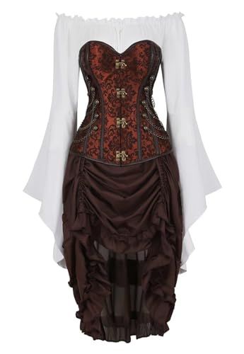 AIGOUT Steampunk Korsettkleid, 3-teiliges Outfit für Damen, Piraten-Bustiers, Rock, weiße Blusen-Set, Costumen (2837Braun, 3 Sets, 3XL) von AIGOUT