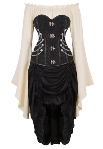 AIGOUT Steampunk-Korsettkleid, 3-teiliges Outfit für Damen, Piraten-Bustiers, Rock, weiße Blusen-Set, Schwarz 3 Set, Größe M von AIGOUT