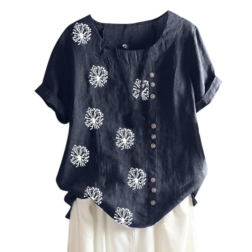 AIGOUT Summer Linen Tops for Women UK, Bohemian Boho Tops Short Sleeve Linen Tops Crewneck Blouse Oversized Shirts Loose Plus Size Tunic Tops Casual Solid Elegant Baggy Tshi (3, 4XL) von AIGOUT