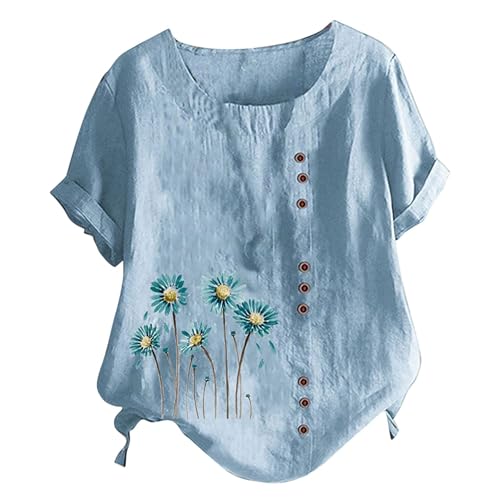 AIGOUT Summer Linen Tops for Women UK, Bohemian Boho Tops Short Sleeve Linen Tops Crewneck Blouse Oversized Shirts Loose Plus Size Tunic Tops Casual Solid Elegant Baggy Tshi (6, XL) von AIGOUT