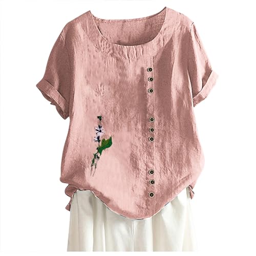 AIGOUT Summer Linen Tops for Women UK, Bohemian Boho Tops Short Sleeve Linen Tops Crewneck Blouse Oversized Shirts Loose Plus Size Tunic Tops Casual Solid Elegant Baggy Tshir (3, 3XL) von AIGOUT