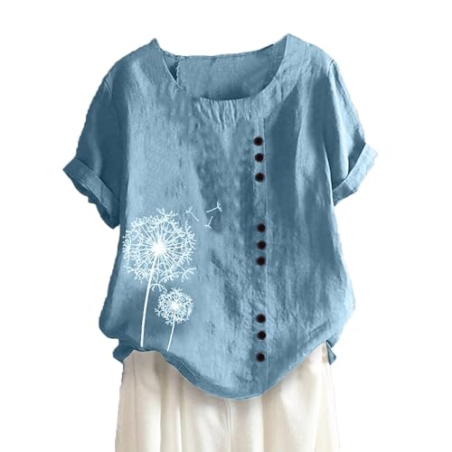 AIGOUT Summer Linen Tops for Women UK, Bohemian Boho Tops Short Sleeve Linen Tops Crewneck Blouse Oversized Shirts Loose Plus Size Tunic Tops Casual Solid Elegant Baggy Tshir (6, XXL) von AIGOUT