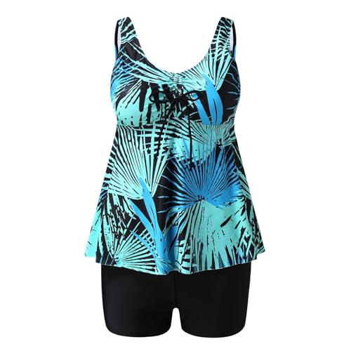 AIGOUT Tankini-Set für Damen, Übergröße, Tankini-Set mit Boyshorts, zwei Kontrollen, Bauchanzüge, Blumenmuster, Badeanzug, Oberteil, Badeanzug, Damen-Tankini-Set mit Aufdruck, Blau, Größe XL von AIGOUT