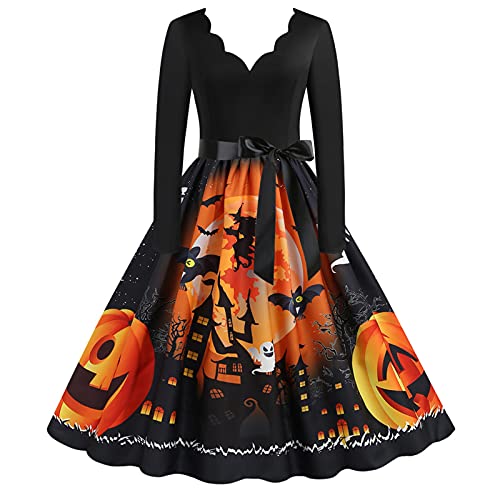 AIHERQG Frauen Kürbis Party Print Kleid Frauen Vintage Langarm Halloween 1950s Hausfrau Abend Party Prom Kleid Halloween Kostüme(Auburn1,3XL) von AIHERQG