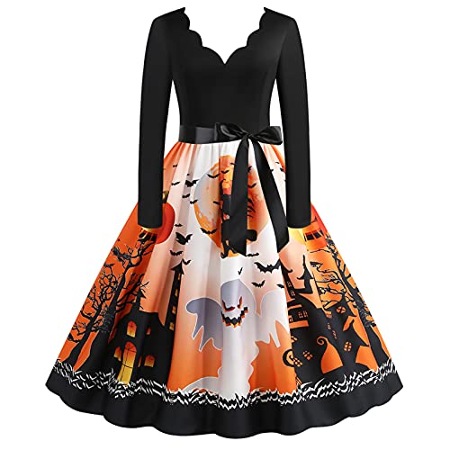 AIHERQG Frauen Kürbis Party Print Kleid Frauen Vintage Langarm Halloween 1950s Hausfrau Abend Party Prom Kleid Halloween Kostüme(Gold1,3XL) von AIHERQG