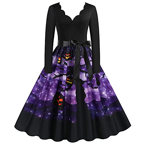 AIHERQG Frauen Kürbis Party Print Kleid Frauen Vintage Langarm Halloween 1950s Hausfrau Abend Party Prom Kleid Halloween Kostüme(Gray1,L) von AIHERQG