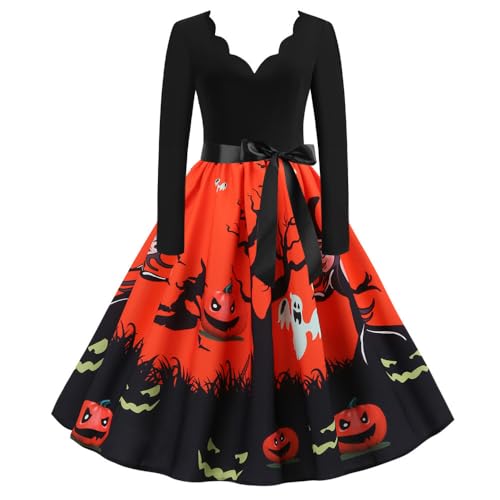 AIHERQG Frauen Kürbis Party Print Kleid Frauen Vintage Langarm Halloween 1950s Hausfrau Abend Party Prom Kleid Halloween Kostüme(MULTI1,3XL) von AIHERQG