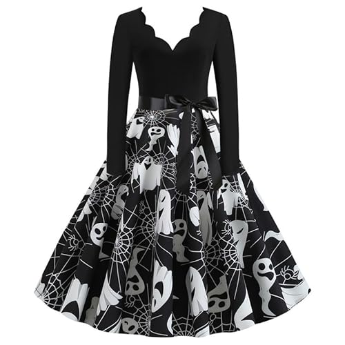 AIHERQG Frauen Kürbis Party Print Kleid Frauen Vintage Langarm Halloween 1950s Hausfrau Abend Party Prom Kleid Halloween Kostüme(Navy Blue1,S) von AIHERQG