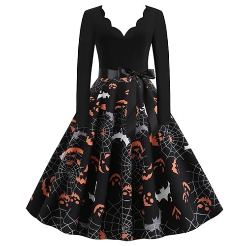 AIHERQG Frauen Kürbis Party Print Kleid Frauen Vintage Langarm Halloween 1950s Hausfrau Abend Party Prom Kleid Halloween Kostüme(White1,S) von AIHERQG