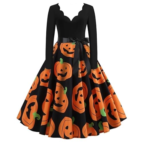 AIHERQG Frauen Kürbis Party Print Kleid Frauen Vintage Langarm Halloween 1950s Hausfrau Abend Party Prom Kleid Halloween Kostüme(Yellow1,M) von AIHERQG