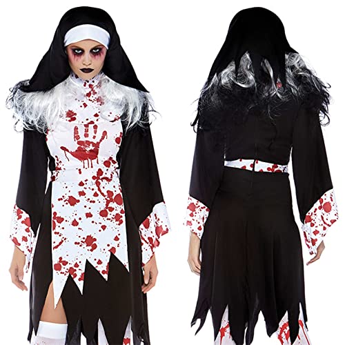 AIHERQG Halloween Cosplay Horror Kostüme Anzug Frauen Blut Handabdruck Nonne Priester Angst Spiel Charakter Cos Schwarz gloomy Rhomboid Vintage(M) von AIHERQG