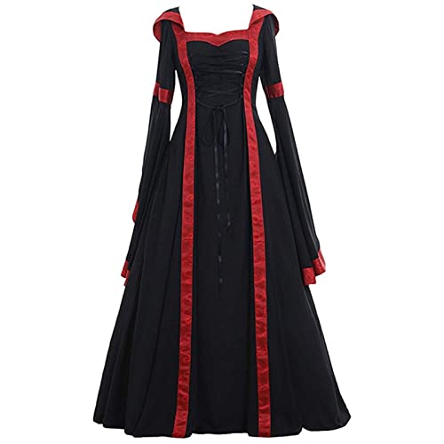 AIHERQG Halloween Cosplay Kostüme for Damen Retro Kleidung Mittelalter Langes Kleid Erwachsene Glockenärmel Spitzenkleider S-5XL(Black1,5XL) von AIHERQG